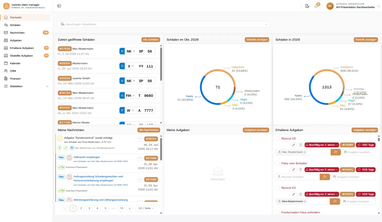 Dashboard des carento claim manager mit zuletzt geöffneten Schäden, Schadenstatistik und Aufgaben
