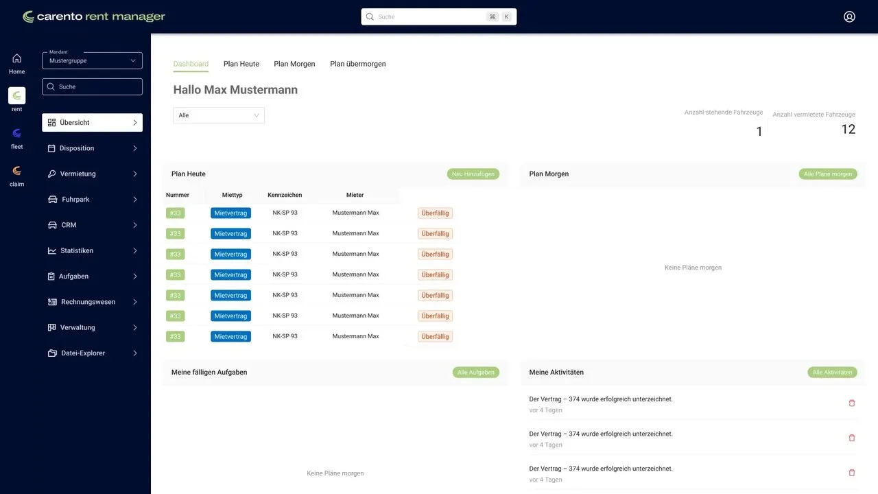 Dashboard des carento rent manager mit Tagesplanung, Mietverträgen und Aktivitäten